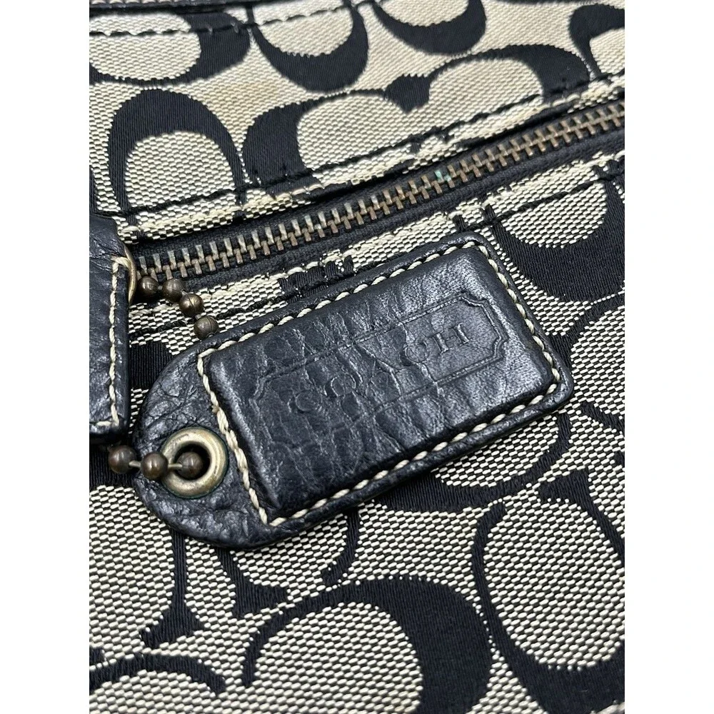 Coach Signature Monogram Canvas Crossbody Bag Black Tan Leather Trim Messenger